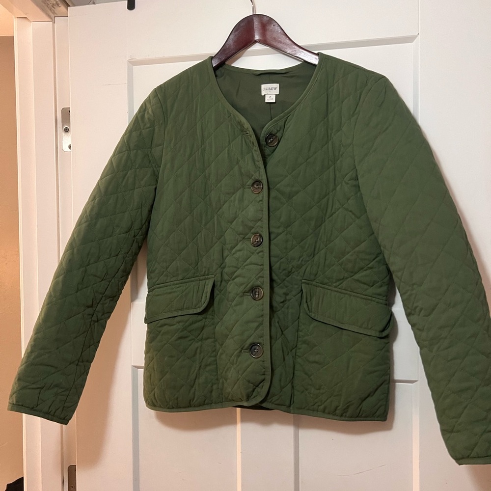 J Crew Jacket Womens 2 Green Quilted Button Up Pockets Preppy Coat Size Small S
